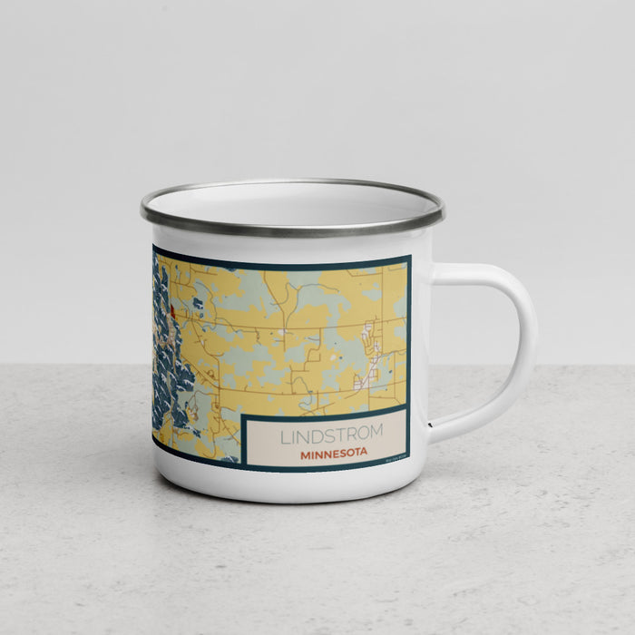 Right View Custom Lindstrom Minnesota Map Enamel Mug in Woodblock