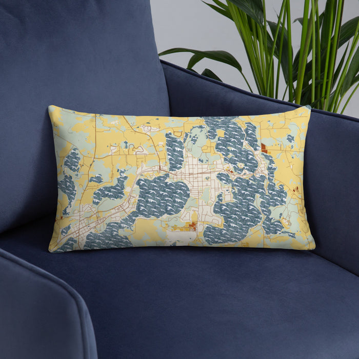 Custom Lindstrom Minnesota Map Throw Pillow in Woodblock on Blue Colored Chair
