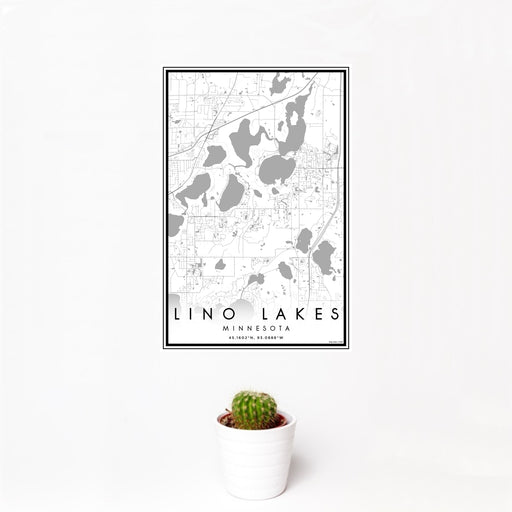 12x18 Lino Lakes Minnesota Map Print Portrait Orientation in Classic Style With Small Cactus Plant in White Planter
