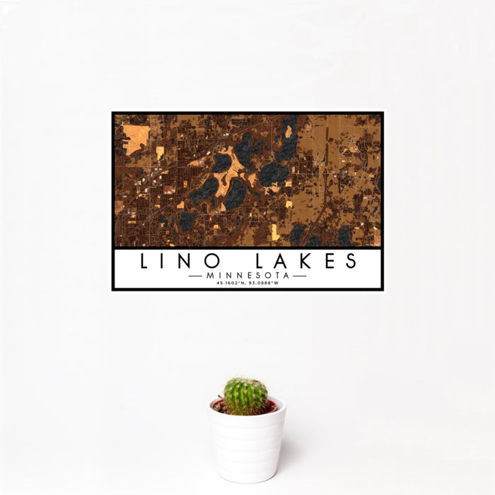12x18 Lino Lakes Minnesota Map Print Landscape Orientation in Ember Style With Small Cactus Plant in White Planter