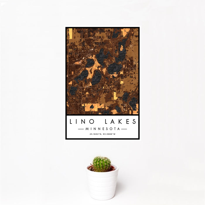 12x18 Lino Lakes Minnesota Map Print Portrait Orientation in Ember Style With Small Cactus Plant in White Planter