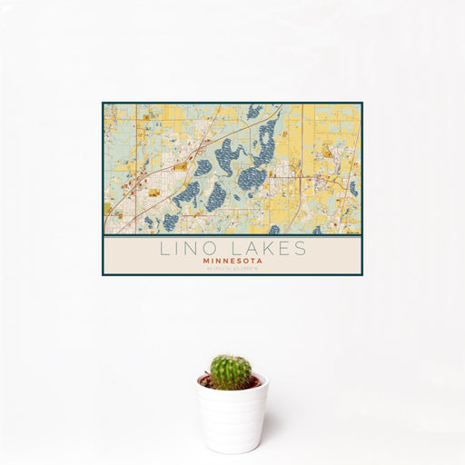 12x18 Lino Lakes Minnesota Map Print Landscape Orientation in Woodblock Style With Small Cactus Plant in White Planter