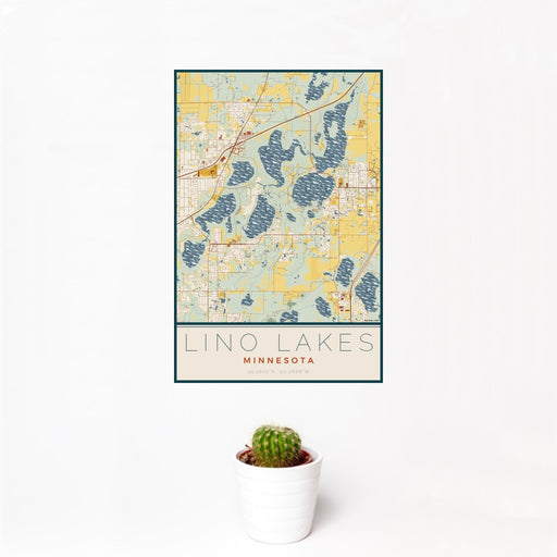 12x18 Lino Lakes Minnesota Map Print Portrait Orientation in Woodblock Style With Small Cactus Plant in White Planter