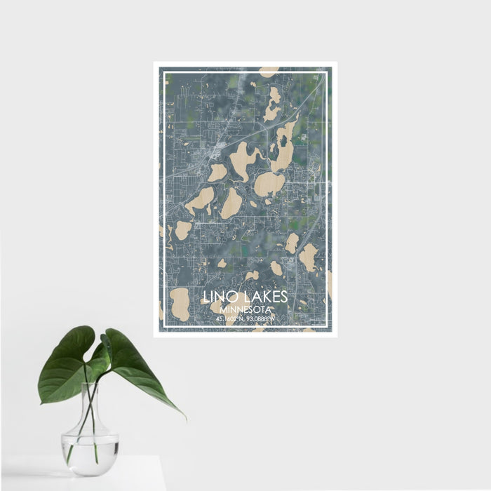 16x24 Lino Lakes Minnesota Map Print Portrait Orientation in Afternoon Style With Tropical Plant Leaves in Water