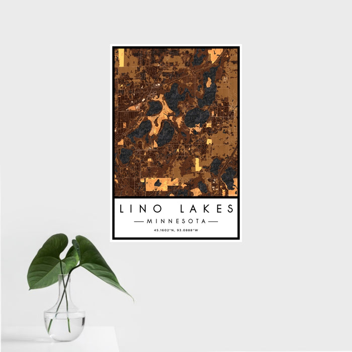 16x24 Lino Lakes Minnesota Map Print Portrait Orientation in Ember Style With Tropical Plant Leaves in Water