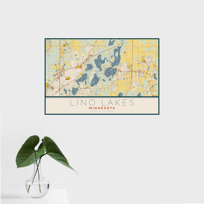 16x24 Lino Lakes Minnesota Map Print Landscape Orientation in Woodblock Style With Tropical Plant Leaves in Water