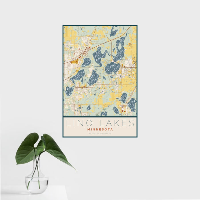 16x24 Lino Lakes Minnesota Map Print Portrait Orientation in Woodblock Style With Tropical Plant Leaves in Water