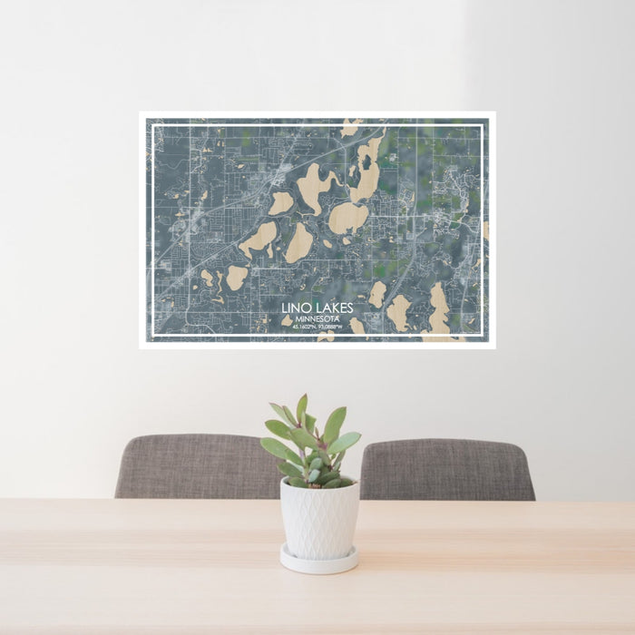 24x36 Lino Lakes Minnesota Map Print Lanscape Orientation in Afternoon Style Behind 2 Chairs Table and Potted Plant