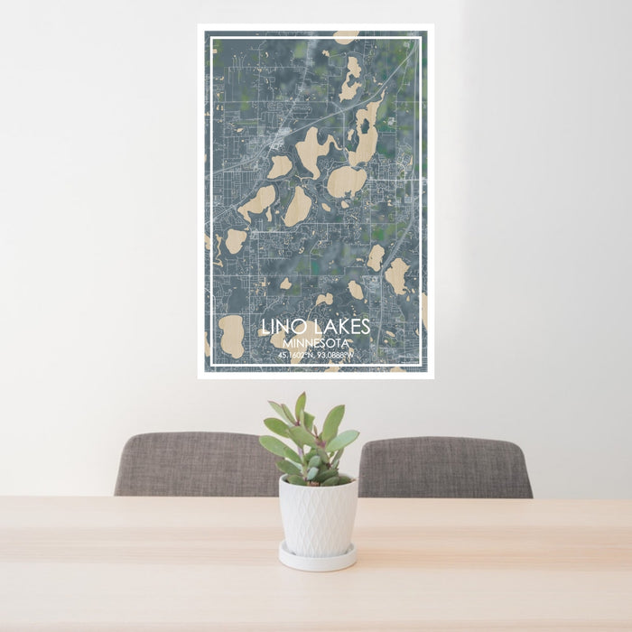 24x36 Lino Lakes Minnesota Map Print Portrait Orientation in Afternoon Style Behind 2 Chairs Table and Potted Plant