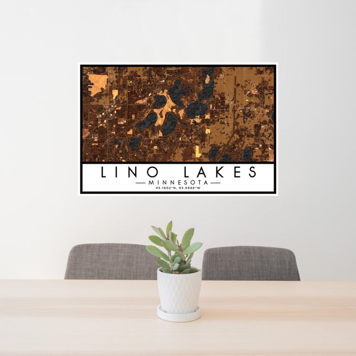 24x36 Lino Lakes Minnesota Map Print Lanscape Orientation in Ember Style Behind 2 Chairs Table and Potted Plant