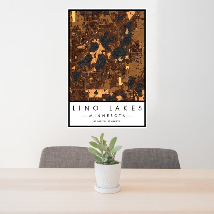 24x36 Lino Lakes Minnesota Map Print Portrait Orientation in Ember Style Behind 2 Chairs Table and Potted Plant