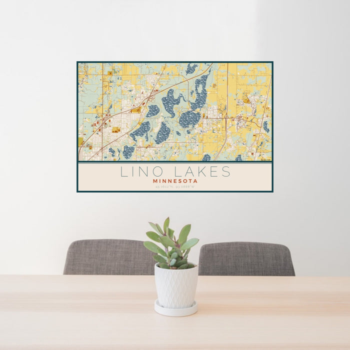 24x36 Lino Lakes Minnesota Map Print Lanscape Orientation in Woodblock Style Behind 2 Chairs Table and Potted Plant