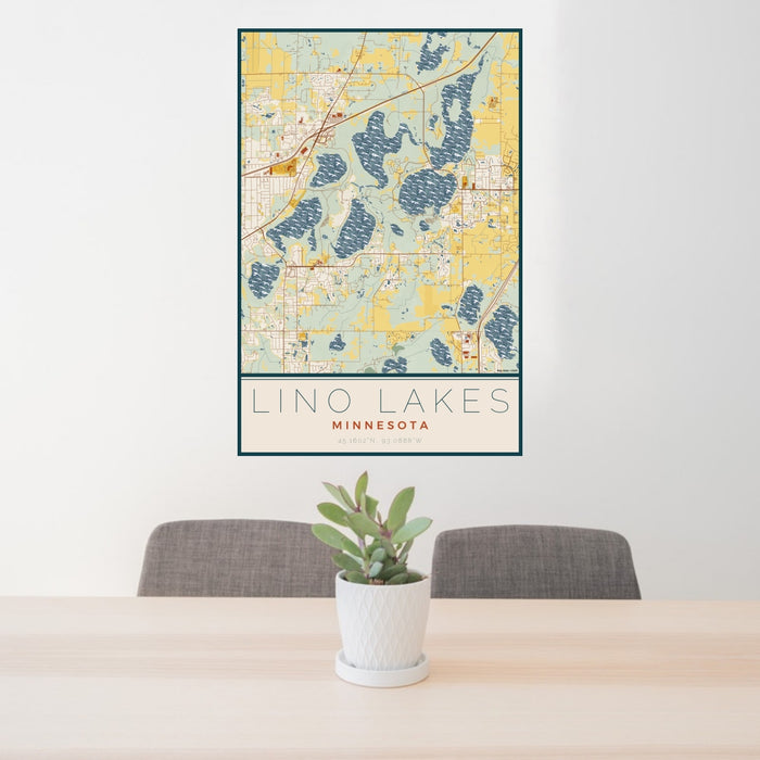 24x36 Lino Lakes Minnesota Map Print Portrait Orientation in Woodblock Style Behind 2 Chairs Table and Potted Plant