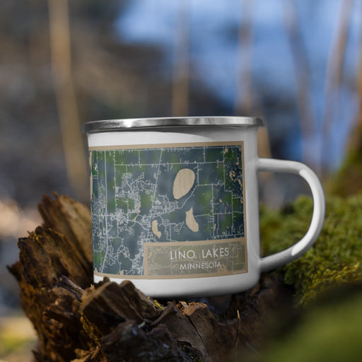 Right View Custom Lino Lakes Minnesota Map Enamel Mug in Afternoon on Grass With Trees in Background