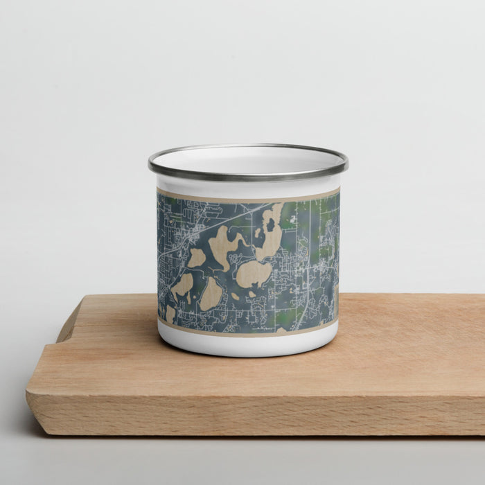 Front View Custom Lino Lakes Minnesota Map Enamel Mug in Afternoon on Cutting Board