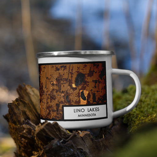 Right View Custom Lino Lakes Minnesota Map Enamel Mug in Ember on Grass With Trees in Background