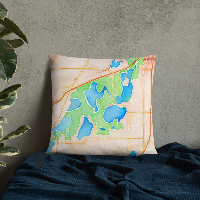Custom Lino Lakes Minnesota Map Throw Pillow in Watercolor on Bedding Against Wall