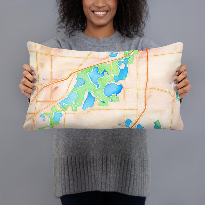 Person holding 20x12 Custom Lino Lakes Minnesota Map Throw Pillow in Watercolor