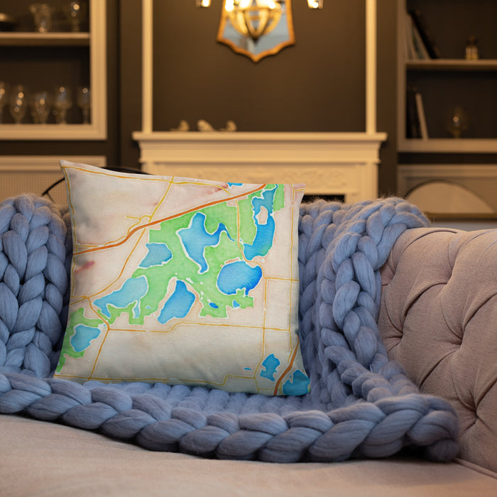 Custom Lino Lakes Minnesota Map Throw Pillow in Watercolor on Cream Colored Couch