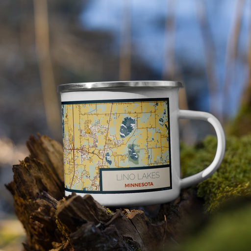 Right View Custom Lino Lakes Minnesota Map Enamel Mug in Woodblock on Grass With Trees in Background