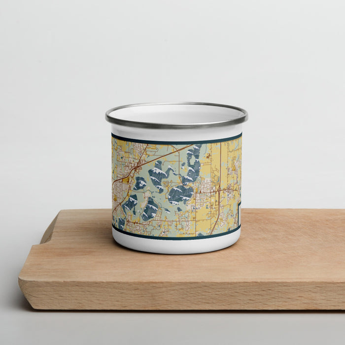 Front View Custom Lino Lakes Minnesota Map Enamel Mug in Woodblock on Cutting Board