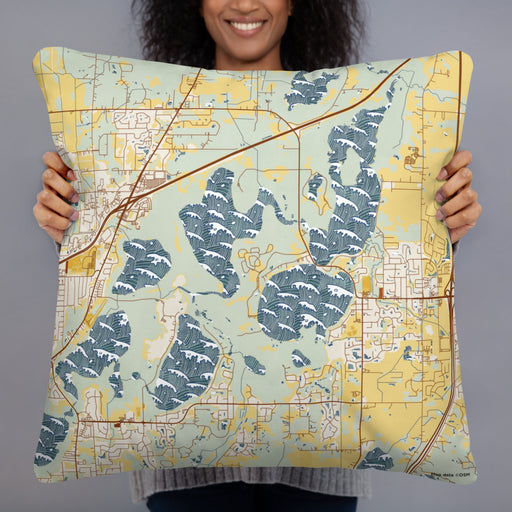Person holding 22x22 Custom Lino Lakes Minnesota Map Throw Pillow in Woodblock