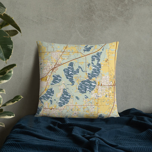 Custom Lino Lakes Minnesota Map Throw Pillow in Woodblock on Bedding Against Wall