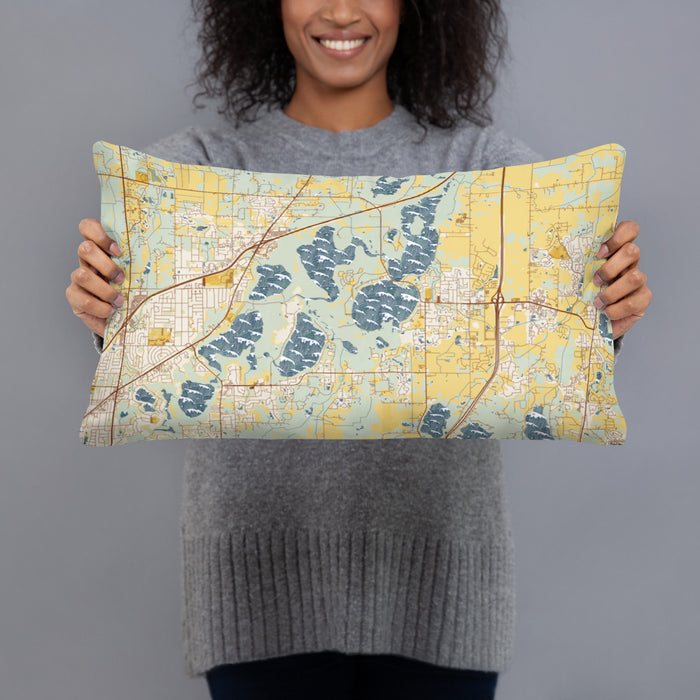 Person holding 20x12 Custom Lino Lakes Minnesota Map Throw Pillow in Woodblock