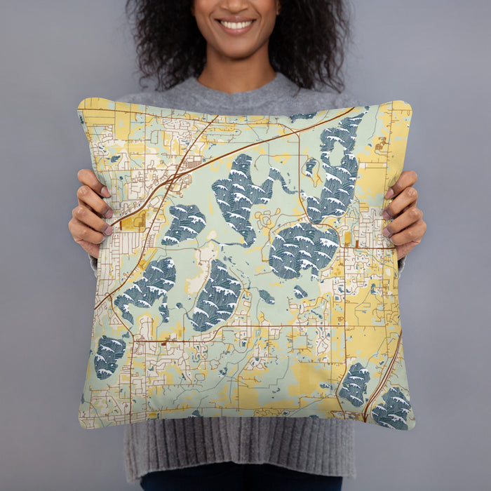 Person holding 18x18 Custom Lino Lakes Minnesota Map Throw Pillow in Woodblock