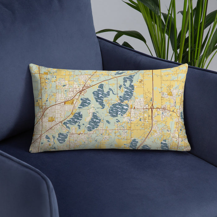 Custom Lino Lakes Minnesota Map Throw Pillow in Woodblock on Blue Colored Chair