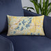 Custom Lino Lakes Minnesota Map Throw Pillow in Woodblock on Blue Colored Chair