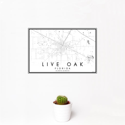 12x18 Live Oak Florida Map Print Landscape Orientation in Classic Style With Small Cactus Plant in White Planter