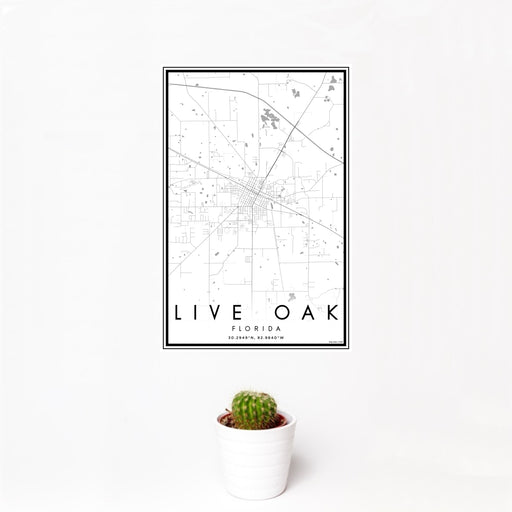 12x18 Live Oak Florida Map Print Portrait Orientation in Classic Style With Small Cactus Plant in White Planter