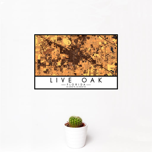 12x18 Live Oak Florida Map Print Landscape Orientation in Ember Style With Small Cactus Plant in White Planter