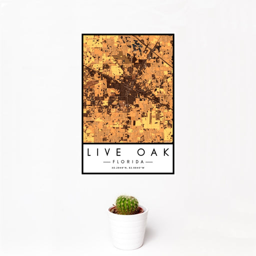 12x18 Live Oak Florida Map Print Portrait Orientation in Ember Style With Small Cactus Plant in White Planter