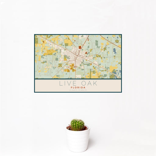 12x18 Live Oak Florida Map Print Landscape Orientation in Woodblock Style With Small Cactus Plant in White Planter
