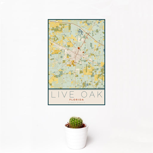 12x18 Live Oak Florida Map Print Portrait Orientation in Woodblock Style With Small Cactus Plant in White Planter