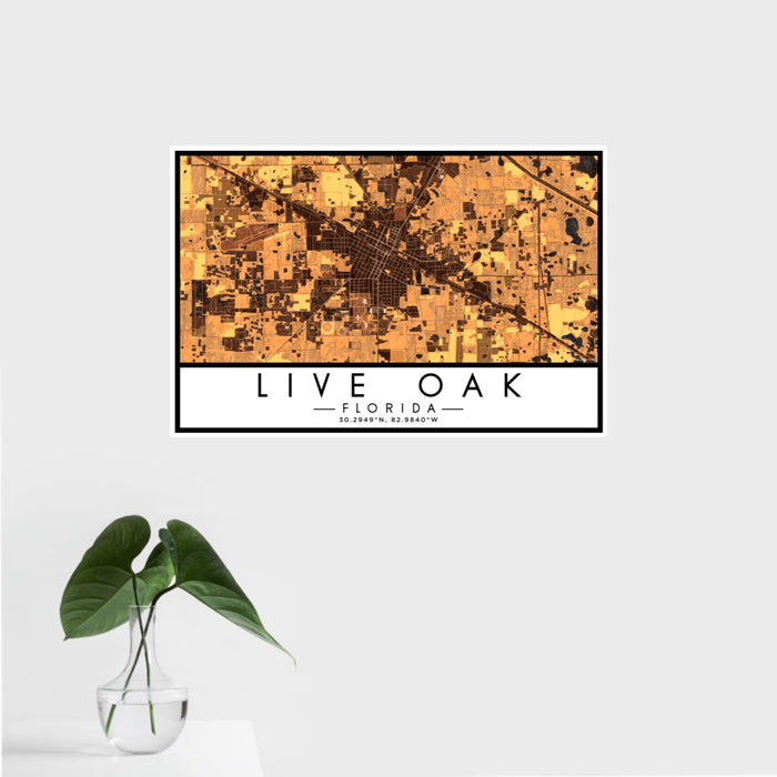 16x24 Live Oak Florida Map Print Landscape Orientation in Ember Style With Tropical Plant Leaves in Water