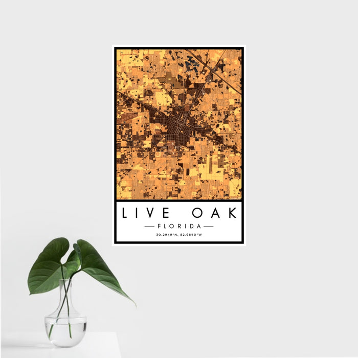 16x24 Live Oak Florida Map Print Portrait Orientation in Ember Style With Tropical Plant Leaves in Water