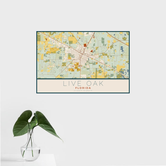 16x24 Live Oak Florida Map Print Landscape Orientation in Woodblock Style With Tropical Plant Leaves in Water