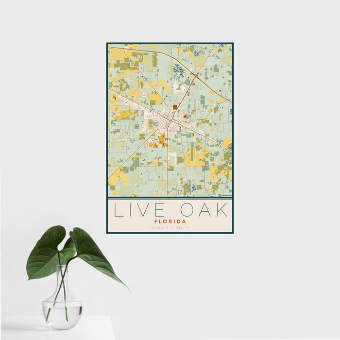 16x24 Live Oak Florida Map Print Portrait Orientation in Woodblock Style With Tropical Plant Leaves in Water