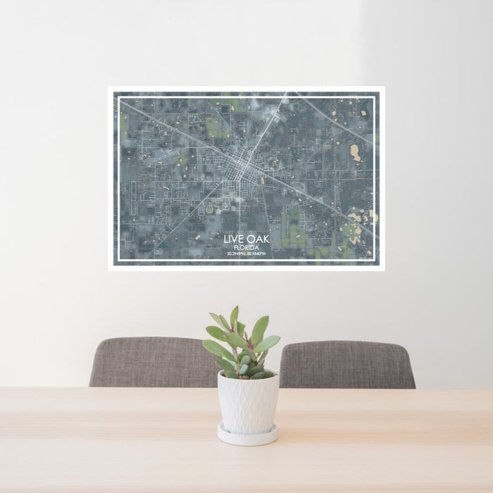 24x36 Live Oak Florida Map Print Lanscape Orientation in Afternoon Style Behind 2 Chairs Table and Potted Plant