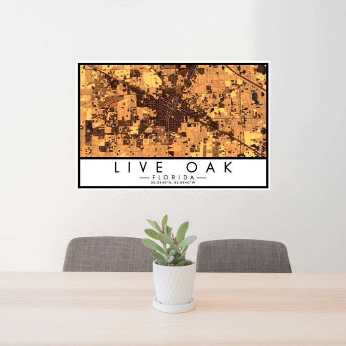 24x36 Live Oak Florida Map Print Lanscape Orientation in Ember Style Behind 2 Chairs Table and Potted Plant