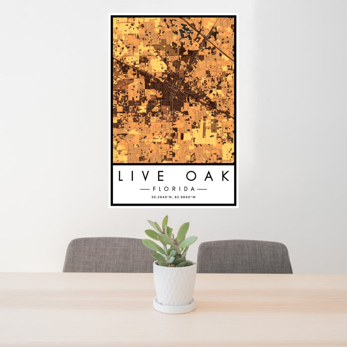 24x36 Live Oak Florida Map Print Portrait Orientation in Ember Style Behind 2 Chairs Table and Potted Plant