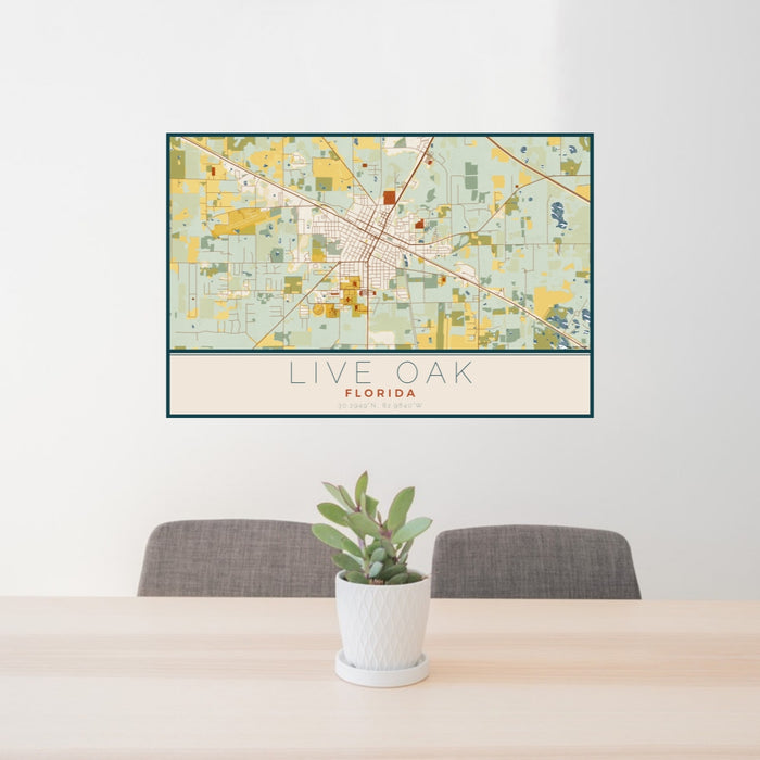 24x36 Live Oak Florida Map Print Lanscape Orientation in Woodblock Style Behind 2 Chairs Table and Potted Plant