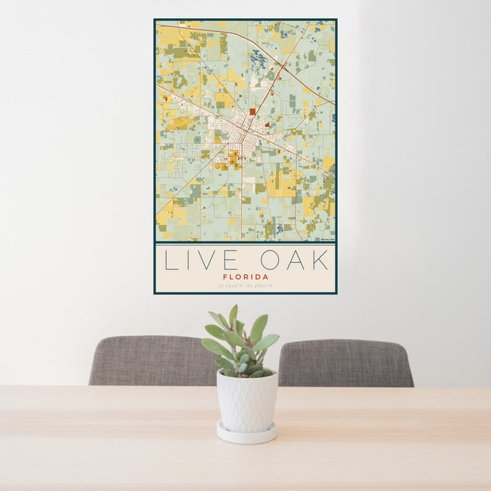 24x36 Live Oak Florida Map Print Portrait Orientation in Woodblock Style Behind 2 Chairs Table and Potted Plant
