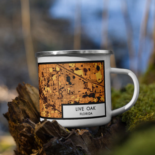 Right View Custom Live Oak Florida Map Enamel Mug in Ember on Grass With Trees in Background