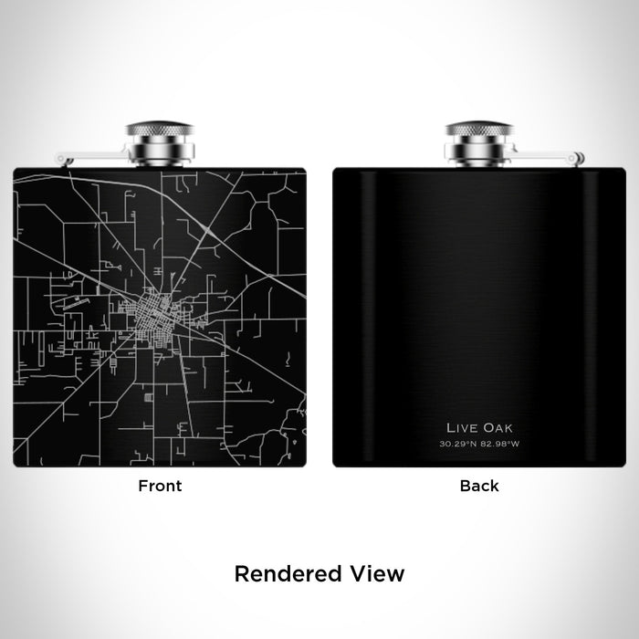 Rendered View of Live Oak Florida Map Engraving on 6oz Stainless Steel Flask in Black