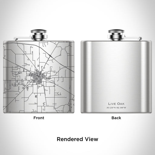 Rendered View of Live Oak Florida Map Engraving on 6oz Stainless Steel Flask