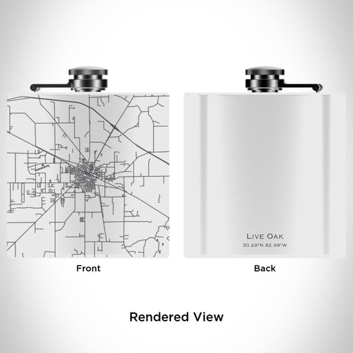 Rendered View of Live Oak Florida Map Engraving on 6oz Stainless Steel Flask in White